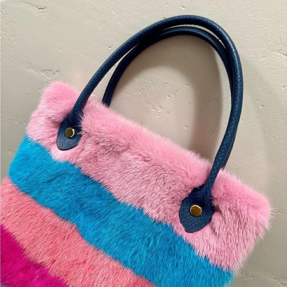 Colorful Striped Handmade Real Mink Fur Mini Tote/Crossbody & Pony Bag Charm